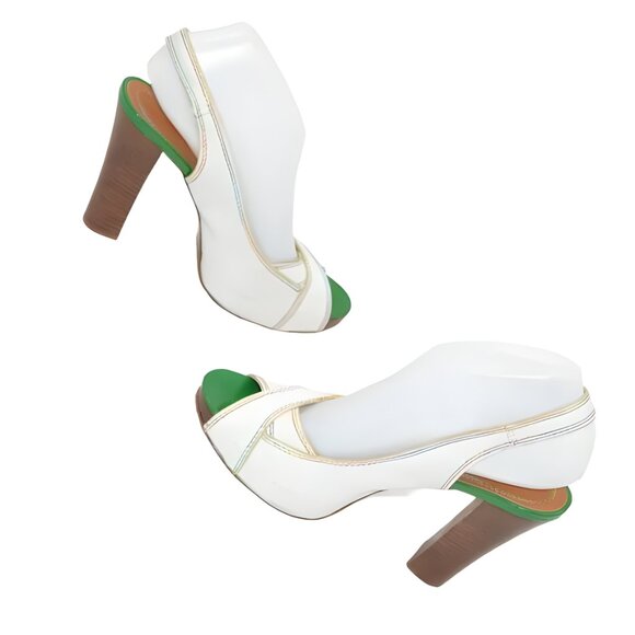 Vintage Miss Sixty White Green Chunky Peep Toe Slingback Leather Heels 39 8.5 9 - Picture 3 of 16
